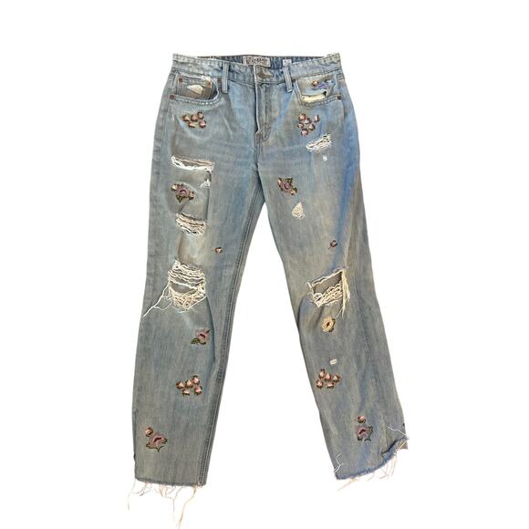 6 28 Lucky Brand Sienna Slim Boyfriend Denim Jeans Embroider Floral Distressed - Picture 1 of 6